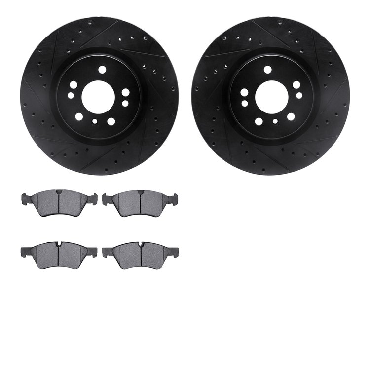 8502-63110 Drilled/Slotted Brake Rotors w/5000 Advanced Brake Pads Kit [Black], 2006-2012 Mercedes-Benz, Position: Front