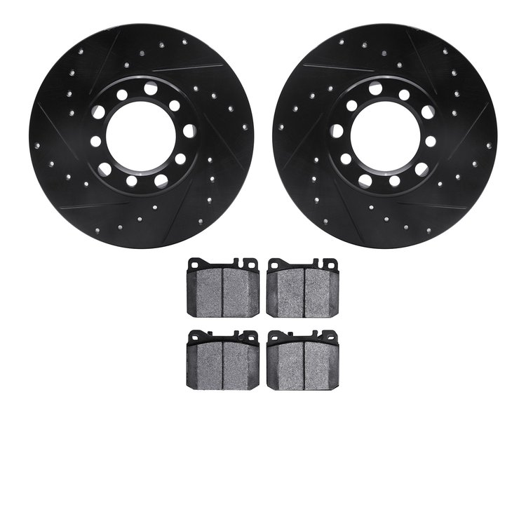 8502-63147 Drilled/Slotted Brake Rotors w/5000 Advanced Brake Pads Kit [Black], 1979-1985 Mercedes-Benz, Position: Front