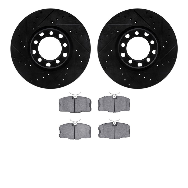8502-63152 Drilled/Slotted Brake Rotors w/5000 Advanced Brake Pads Kit [Black], 1982-1985 Mercedes-Benz, Position: Front