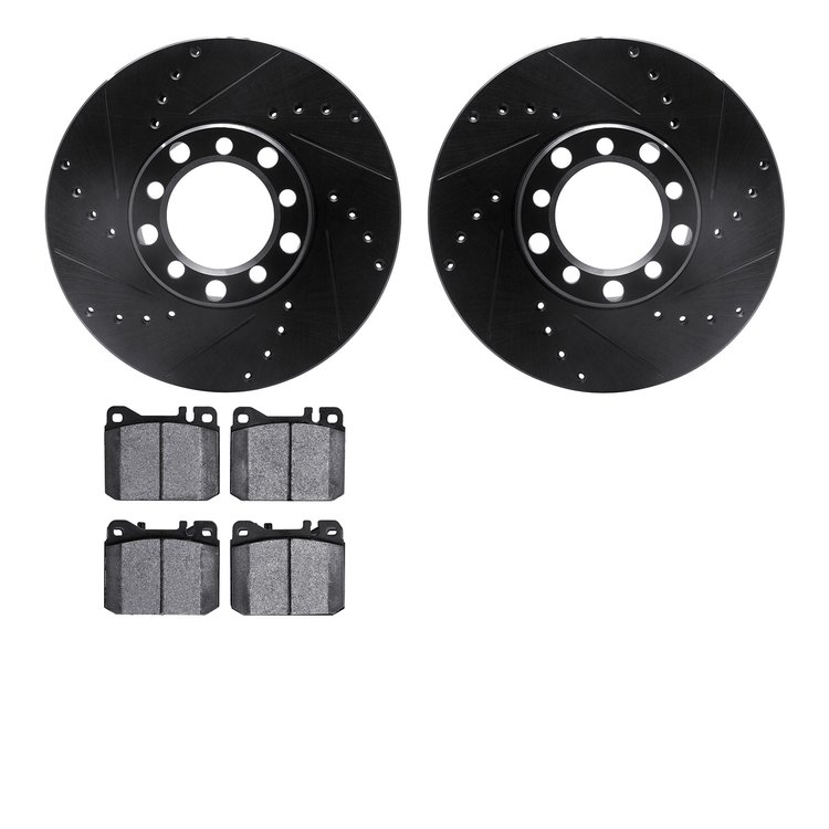 8502-63155 Drilled/Slotted Brake Rotors w/5000 Advanced Brake Pads Kit [Black], 1979-1985 Mercedes-Benz, Position: Front