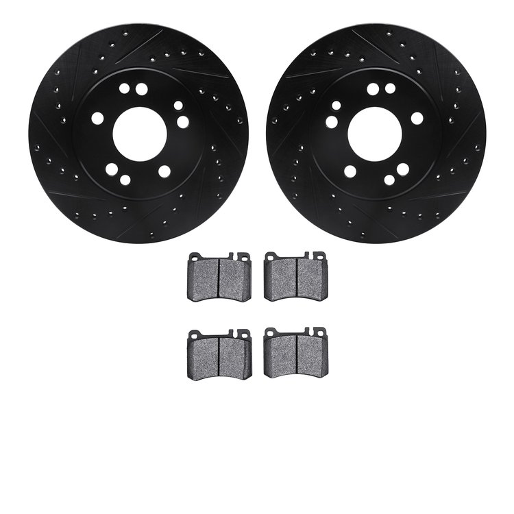 8502-63195 Drilled/Slotted Brake Rotors w/5000 Advanced Brake Pads Kit [Black], 1986-1989 Mercedes-Benz, Position: Front