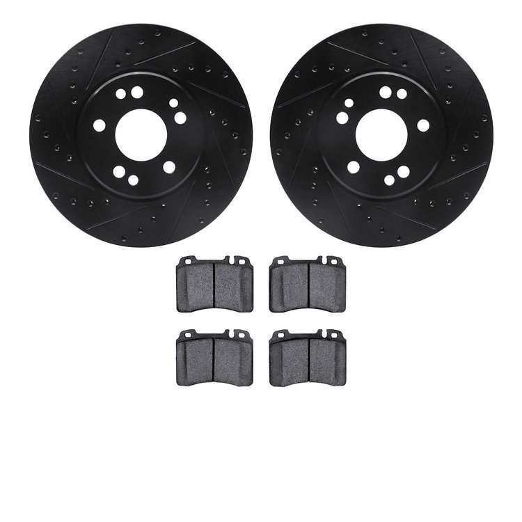 8502-63206 Drilled/Slotted Brake Rotors w/5000 Advanced Brake Pads Kit [Black], 1990-1998 Mercedes-Benz, Position: Front