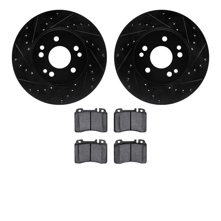 8502-63209 Drilled/Slotted Brake Rotors w/5000 Advanced Brake Pads Kit [Black], 1990-1995 Mercedes-Benz, Position: Front