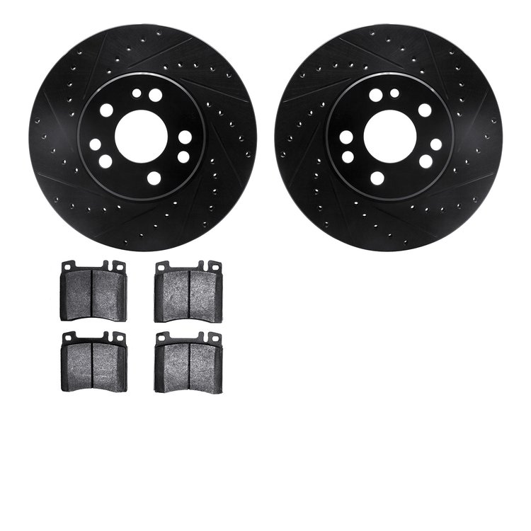 8502-63212 Drilled/Slotted Brake Rotors w/5000 Advanced Brake Pads Kit [Black], 1991-1999 Mercedes-Benz, Position: Front