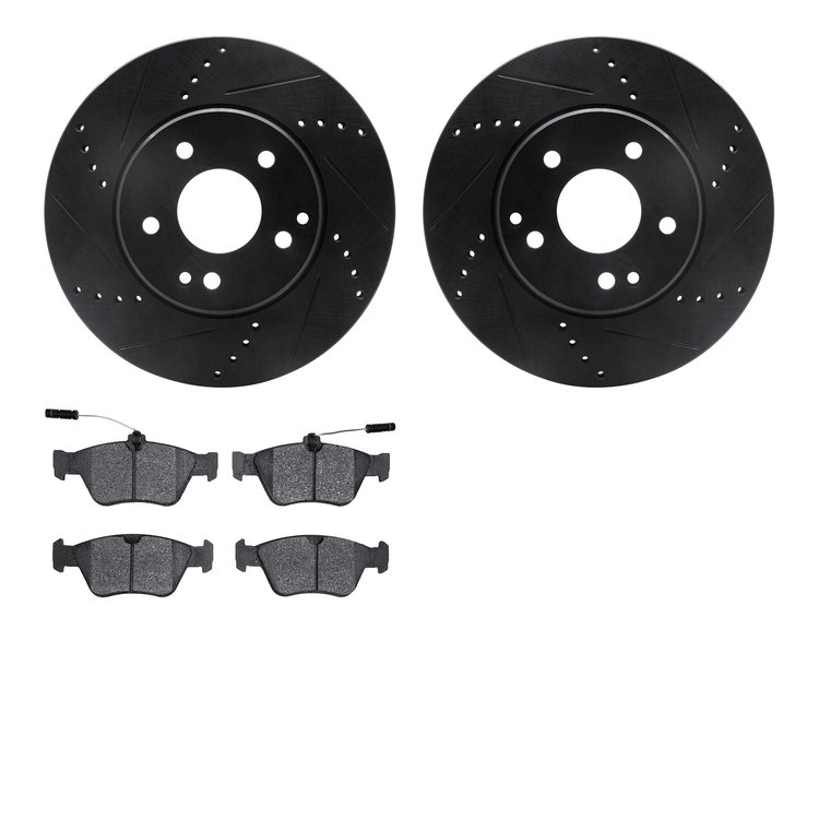 8502-63295 Drilled/Slotted Brake Rotors w/5000 Advanced Brake Pads Kit [Black], 1996-2004 Mercedes-Benz, Position: Front