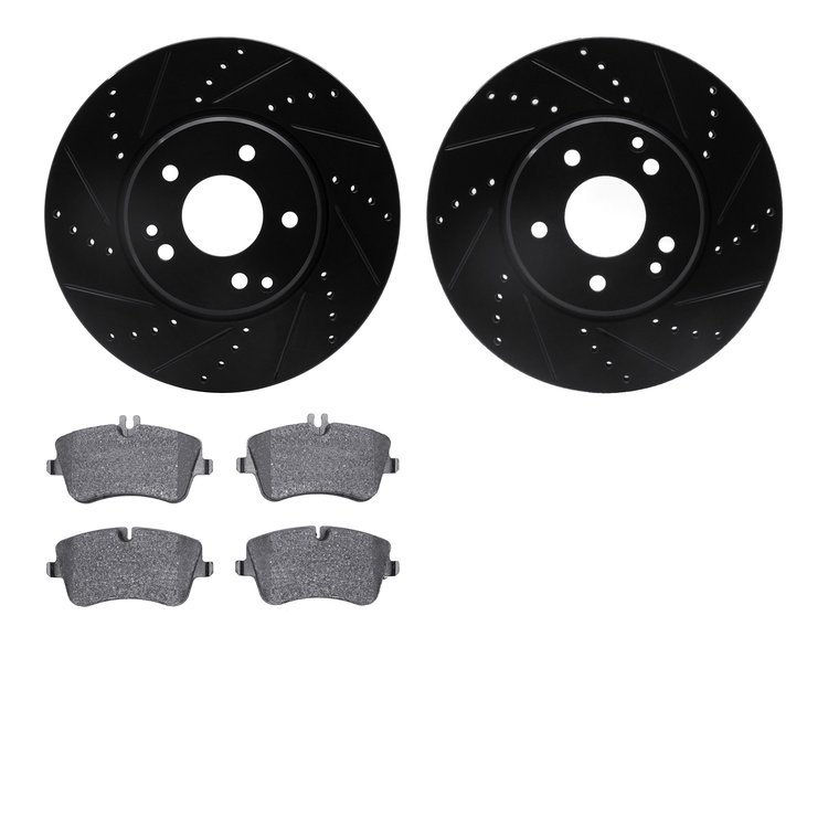 8502-63302 Drilled/Slotted Brake Rotors w/5000 Advanced Brake Pads Kit [Black], 2001-2011 Mercedes-Benz, Position: Front