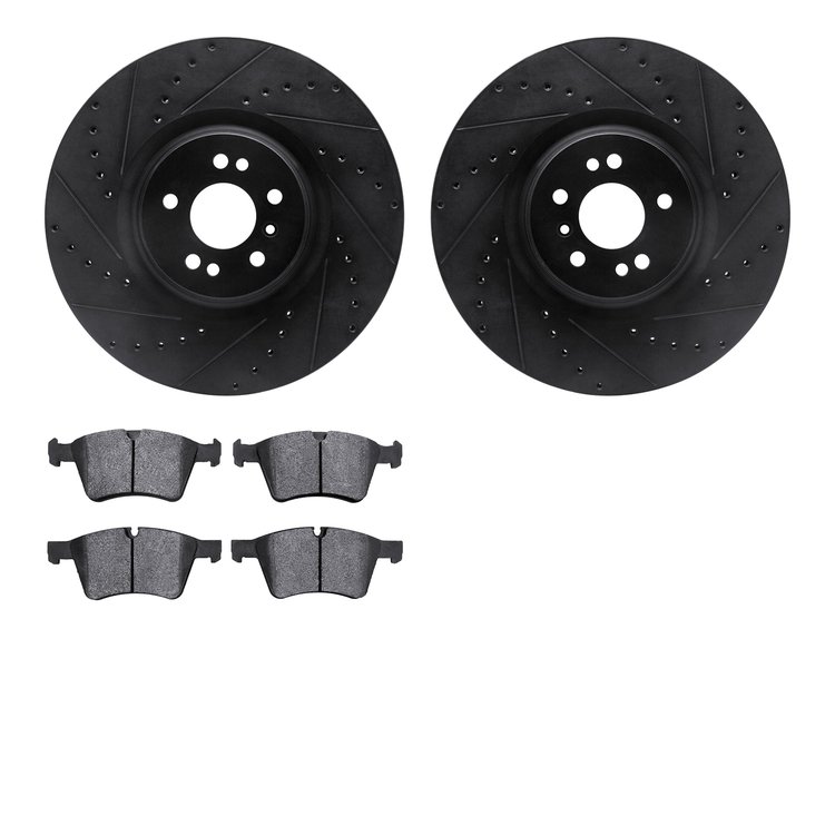 8502-63505 Drilled/Slotted Brake Rotors w/5000 Advanced Brake Pads Kit [Black], 2007-2009 Mercedes-Benz, Position: Front