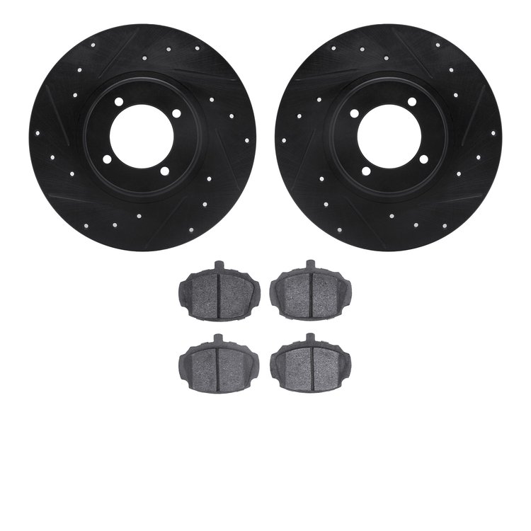 8502-64007 Drilled/Slotted Brake Rotors w/5000 Advanced Brake Pads Kit [Black], 1962-1980 MG, Position: Front