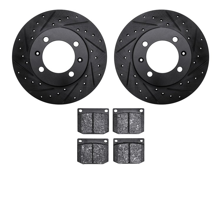 8502-65002 Drilled/Slotted Brake Rotors w/5000 Advanced Brake Pads Kit [Black], 1981-1987 GM, Position: Front