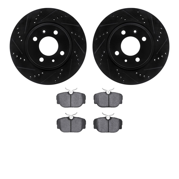 8502-65006 Drilled/Slotted Brake Rotors w/5000 Advanced Brake Pads Kit [Black], 1986-1986 GM, Position: Front
