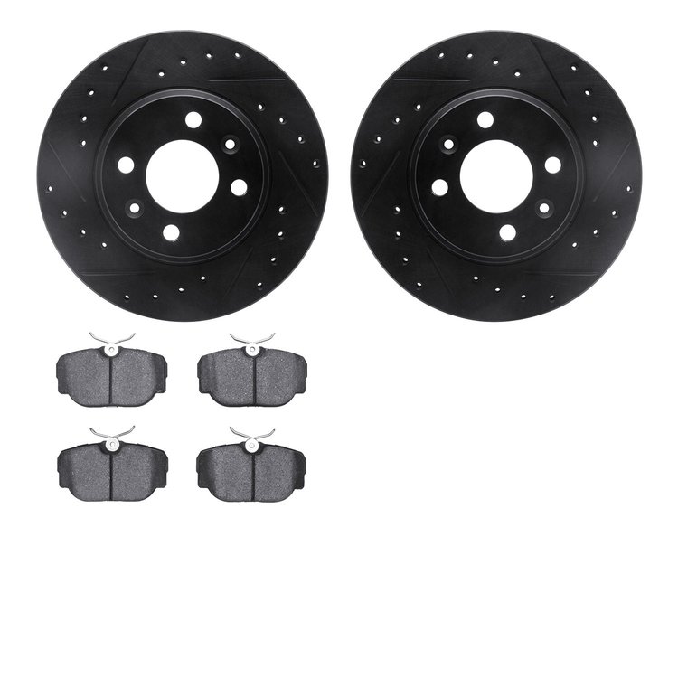 8502-65007 Drilled/Slotted Brake Rotors w/5000 Advanced Brake Pads Kit [Black], 1987-1993 GM, Position: Front