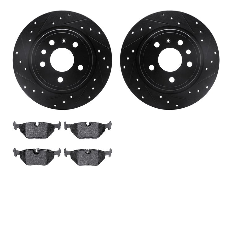 8502-65012 Drilled/Slotted Brake Rotors w/5000 Advanced Brake Pads Kit [Black], 1999-2010 GM, Position: Rear