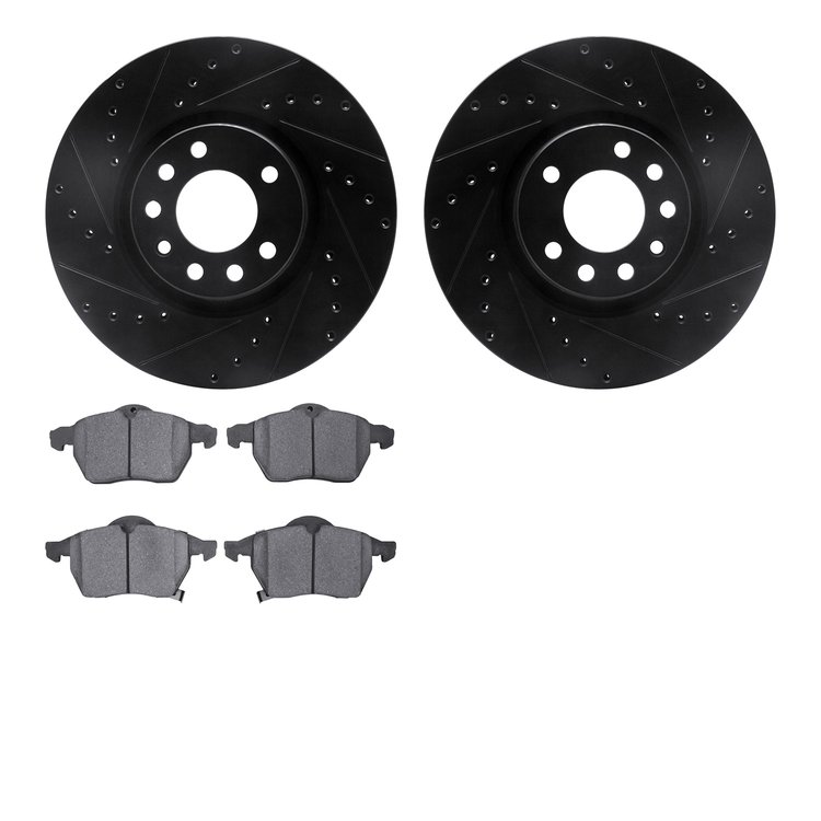 8502-65013 Drilled/Slotted Brake Rotors w/5000 Advanced Brake Pads Kit [Black], 2006-2006 GM, Position: Front