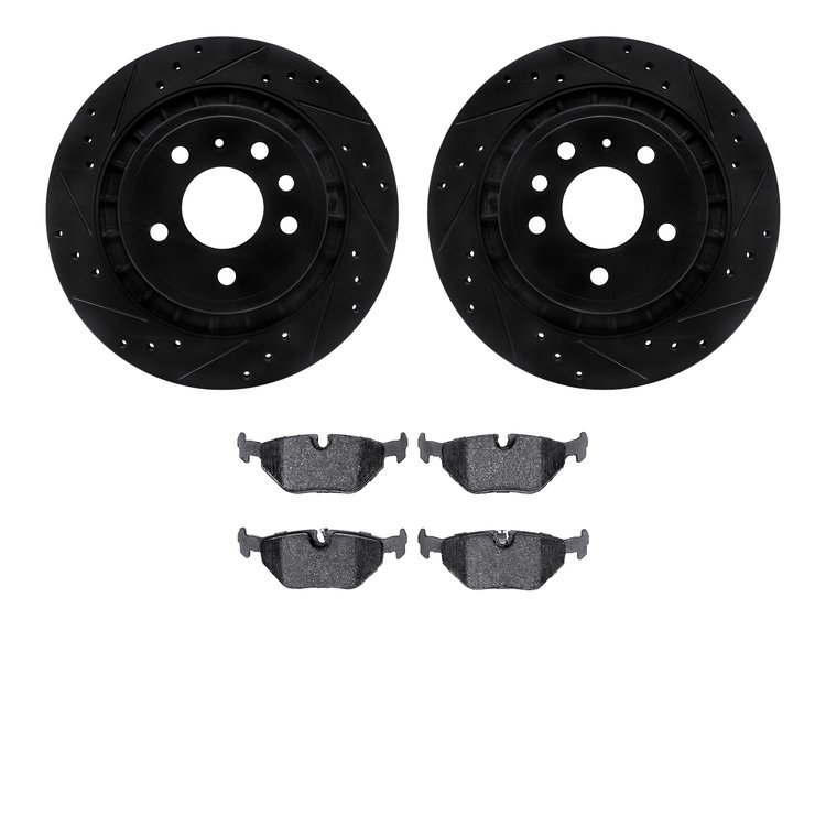 8502-65015 Drilled/Slotted Brake Rotors w/5000 Advanced Brake Pads Kit [Black], 2002-2010 GM, Position: Rear