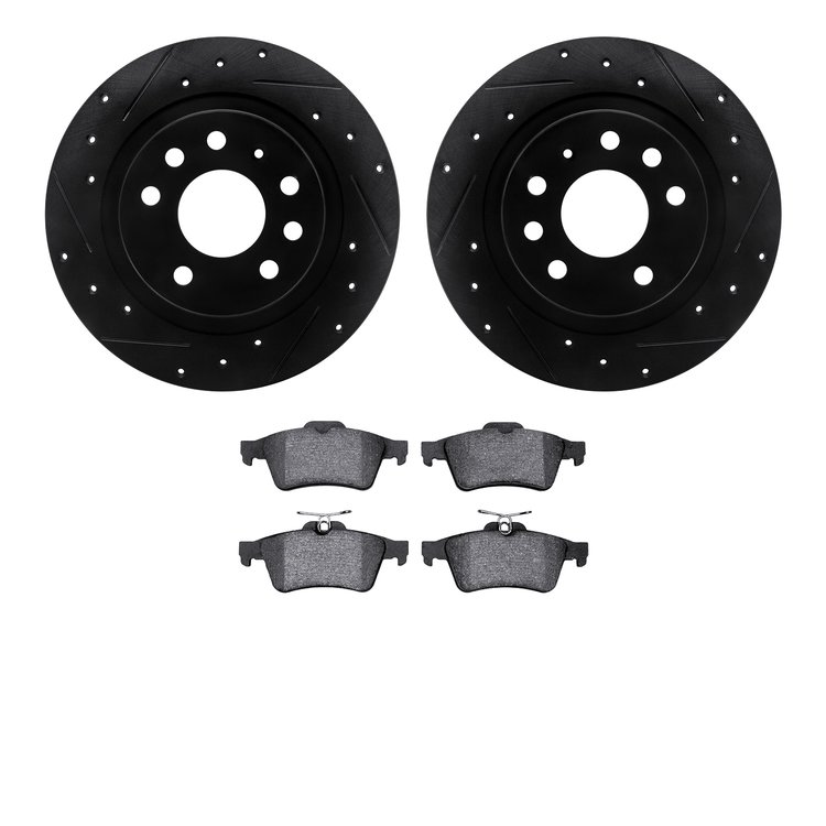 8502-65018 Drilled/Slotted Brake Rotors w/5000 Advanced Brake Pads Kit [Black], 2003-2003 GM, Position: Rear