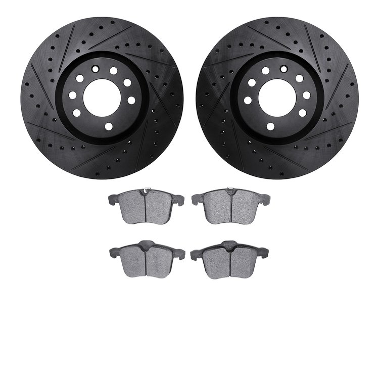 8502-65022 Drilled/Slotted Brake Rotors w/5000 Advanced Brake Pads Kit [Black], 2003-2011 GM, Position: Front