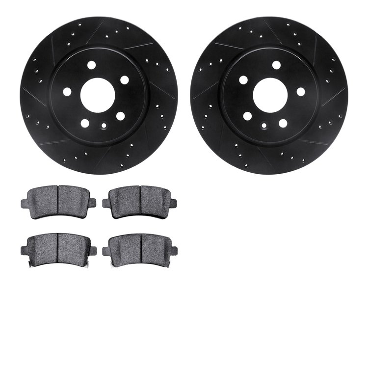 8502-65027 Drilled/Slotted Brake Rotors w/5000 Advanced Brake Pads Kit [Black], 2011-2013 GM, Position: Rear