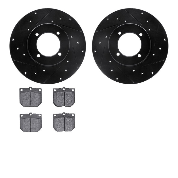 8502-67002 Drilled/Slotted Brake Rotors w/5000 Advanced Brake Pads Kit [Black], 1974-1978 Infiniti/Nissan, Position: Front