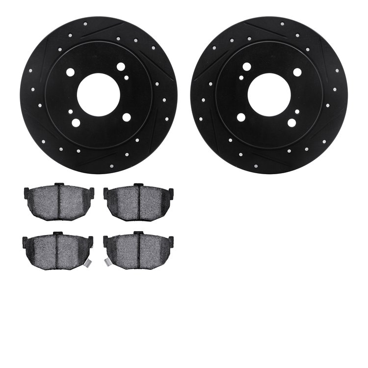 8502-67009 Drilled/Slotted Brake Rotors w/5000 Advanced Brake Pads Kit [Black], 1984-1984 Infiniti/Nissan, Position: Rear