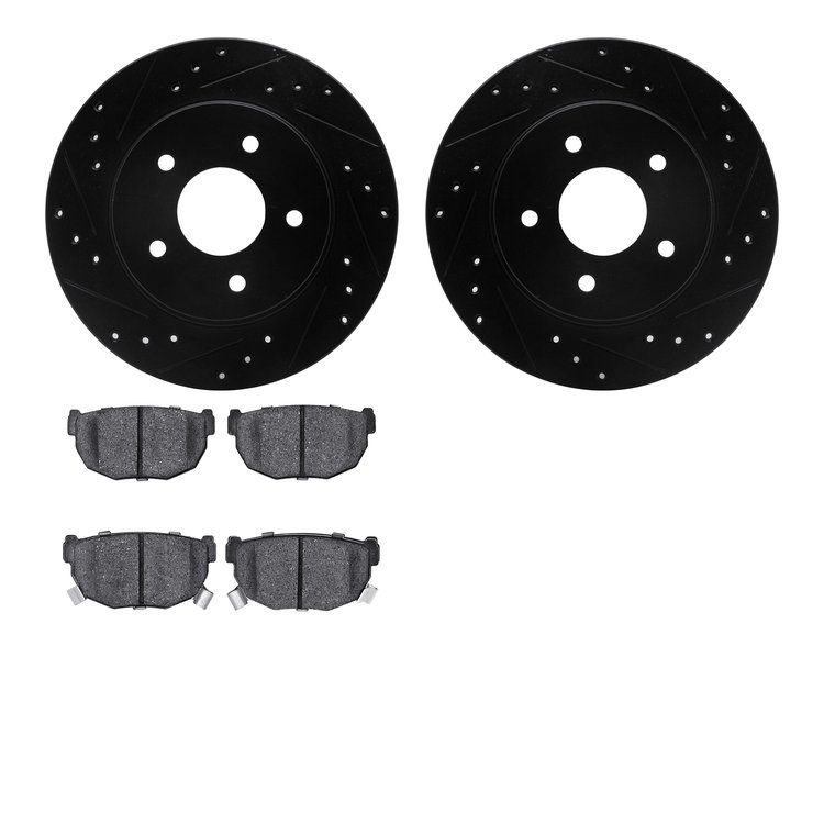 8502-67021 Drilled/Slotted Brake Rotors w/5000 Advanced Brake Pads Kit [Black], 1987-1989 Infiniti/Nissan, Position: Rear