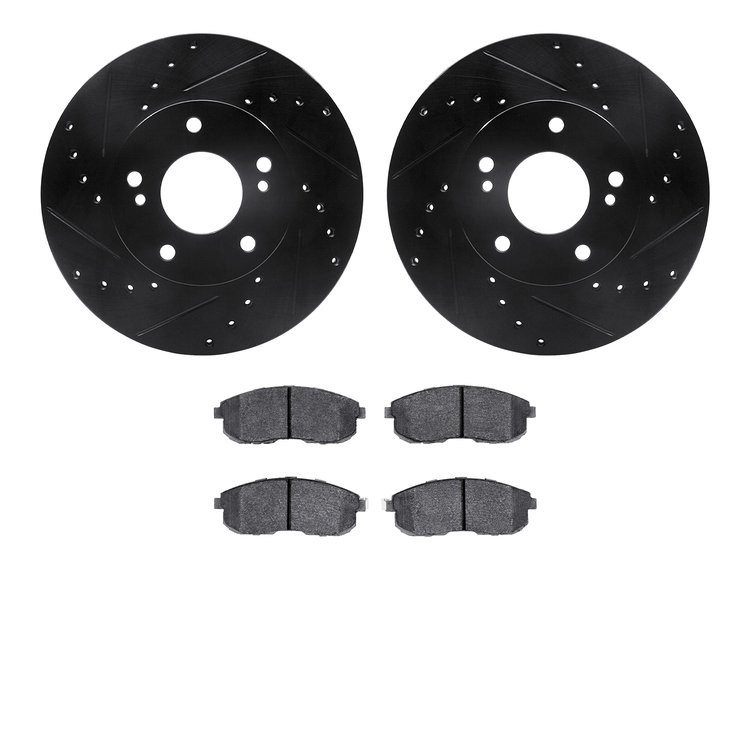 8502-67024 Drilled/Slotted Brake Rotors w/5000 Advanced Brake Pads Kit [Black], 1989-1999 Infiniti/Nissan, Position: Front
