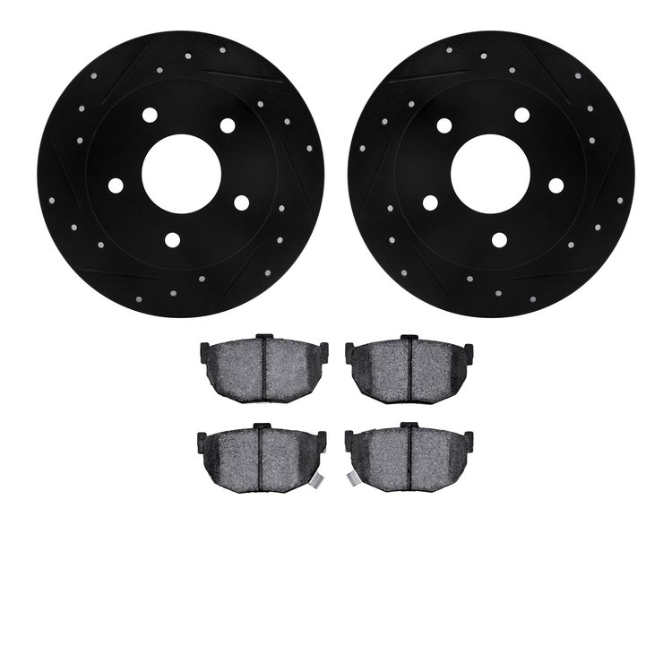 8502-67025 Drilled/Slotted Brake Rotors w/5000 Advanced Brake Pads Kit [Black], 1989-1990 Infiniti/Nissan, Position: Rear
