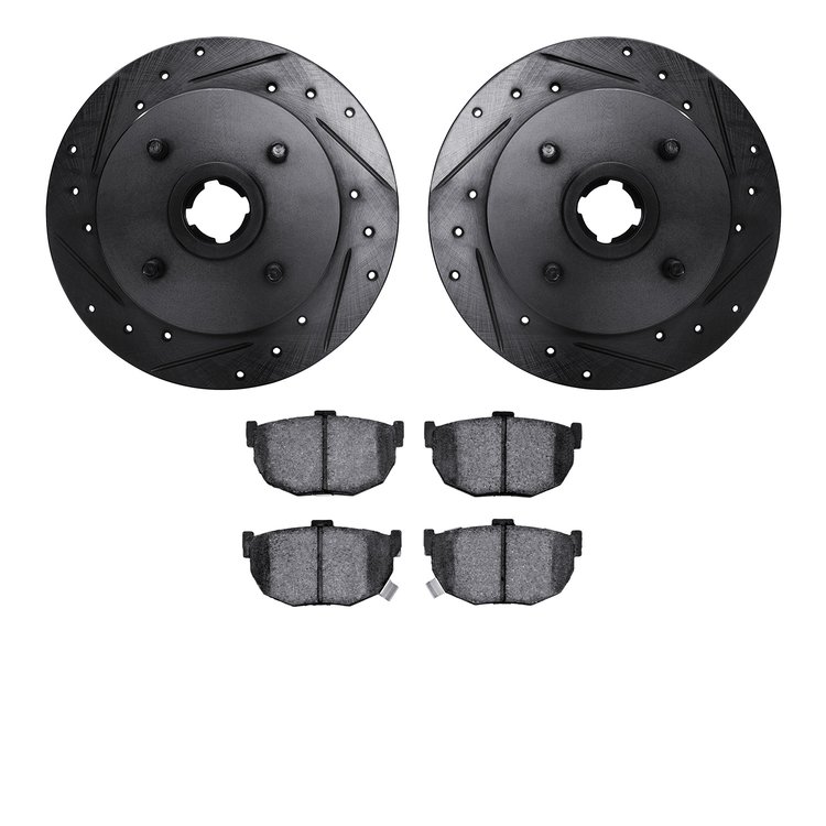 8502-67027 Drilled/Slotted Brake Rotors w/5000 Advanced Brake Pads Kit [Black], 1988-1988 Infiniti/Nissan, Position: Rear
