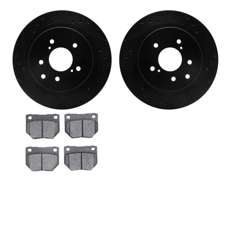 8502-67028 Drilled/Slotted Brake Rotors w/5000 Advanced Brake Pads Kit [Black], 1989-1996 Infiniti/Nissan, Position: Rear