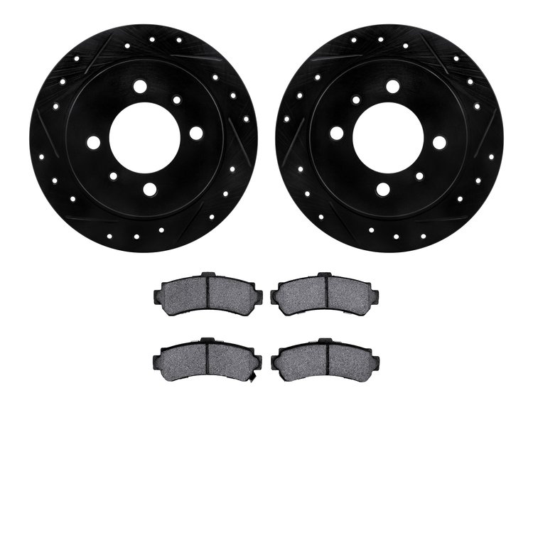8502-67034 Drilled/Slotted Brake Rotors w/5000 Advanced Brake Pads Kit [Black], 1995-2000 Infiniti/Nissan, Position: Rear
