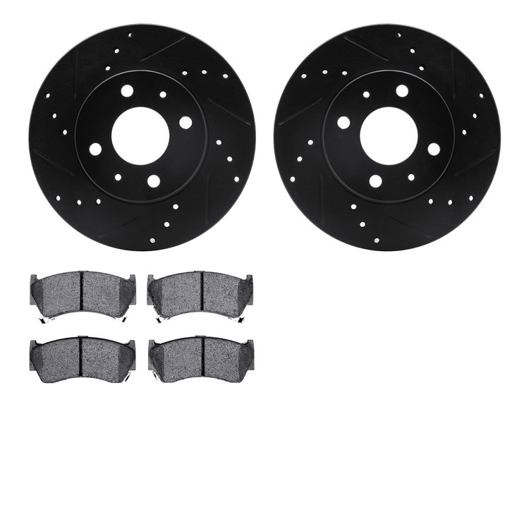 8502-67041 Drilled/Slotted Brake Rotors w/5000 Advanced Brake Pads Kit [Black], 1995-1999 Infiniti/Nissan, Position: Front