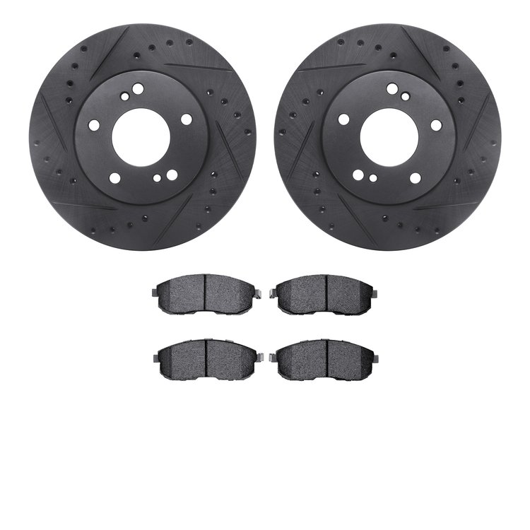 8502-67045 Drilled/Slotted Brake Rotors w/5000 Advanced Brake Pads Kit [Black], 1999-2001 Infiniti/Nissan, Position: Front