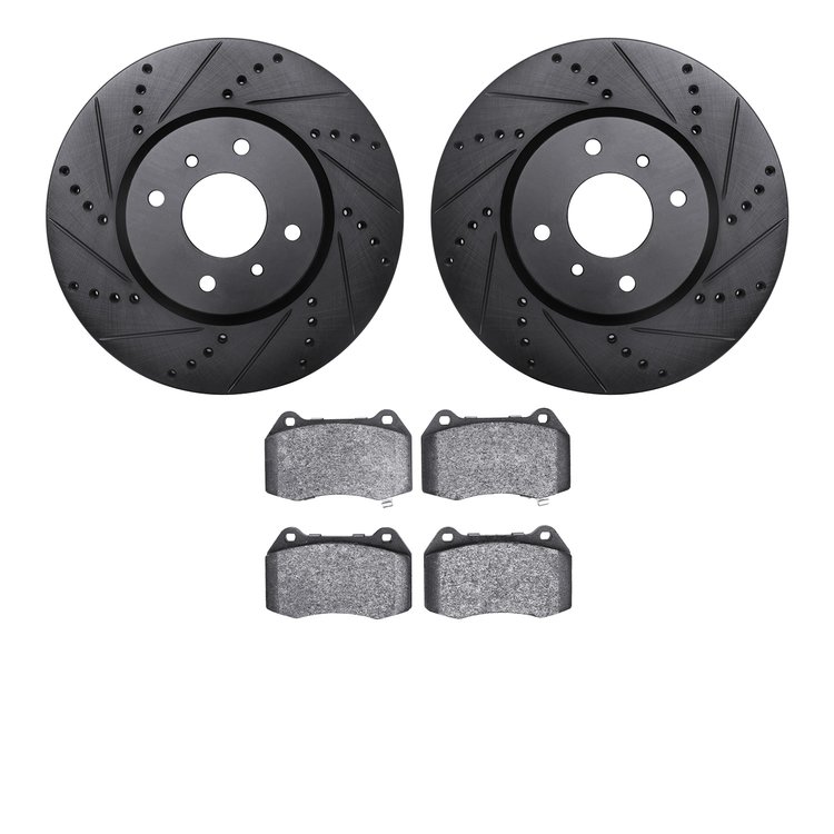 8502-67051 Drilled/Slotted Brake Rotors w/5000 Advanced Brake Pads Kit [Black], 2004-2006 Infiniti/Nissan, Position: Front