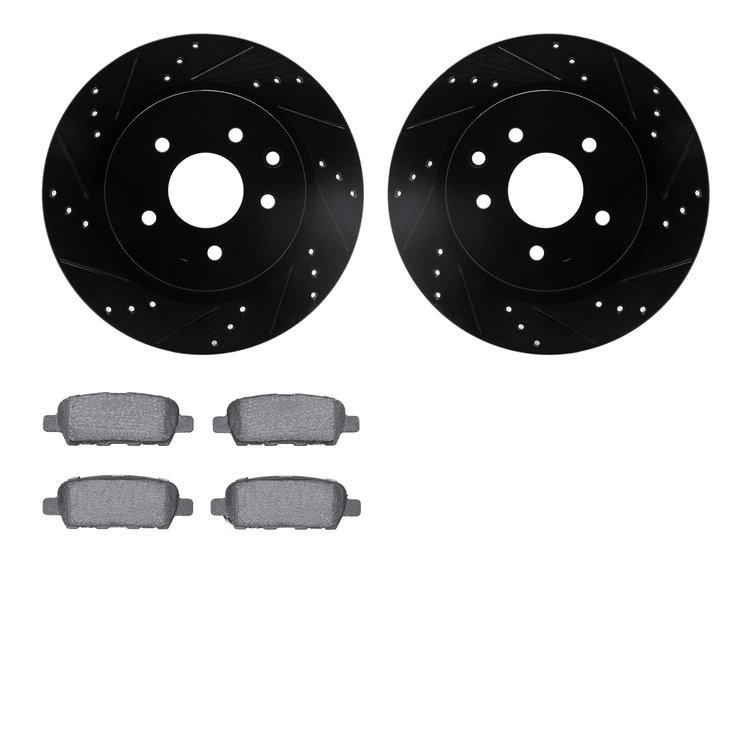 8502-67052 Drilled/Slotted Brake Rotors w/5000 Advanced Brake Pads Kit [Black], 2005-2021 Infiniti/Nissan, Position: Rear