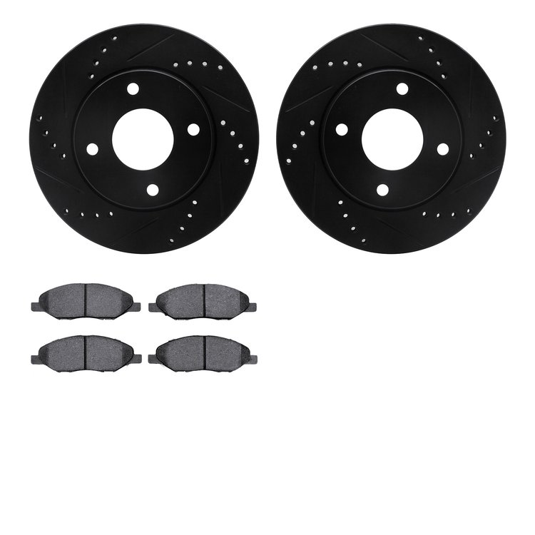 8502-67062 Drilled/Slotted Brake Rotors w/5000 Advanced Brake Pads Kit [Black], 2007-2017 Infiniti/Nissan, Position: Front