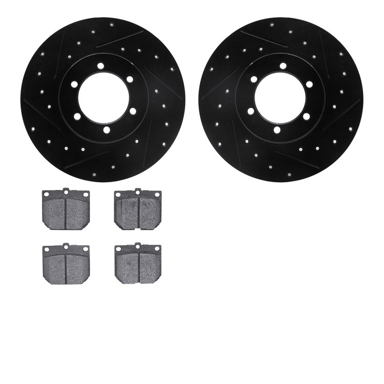 8502-67067 Drilled/Slotted Brake Rotors w/5000 Advanced Brake Pads Kit [Black], 1978-1982 Infiniti/Nissan, Position: Front