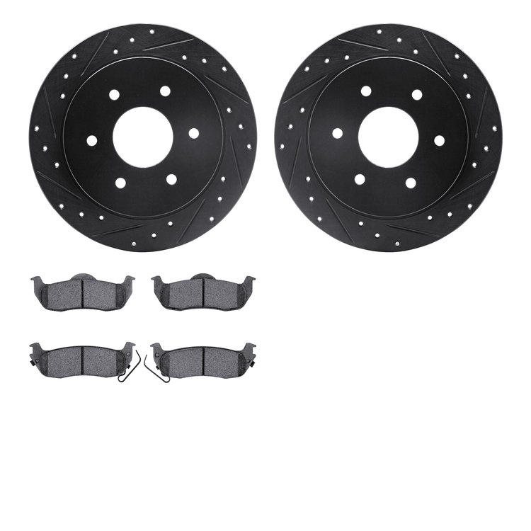 8502-67081 Drilled/Slotted Brake Rotors w/5000 Advanced Brake Pads Kit [Black], 2004-2015 Infiniti/Nissan, Position: Rear
