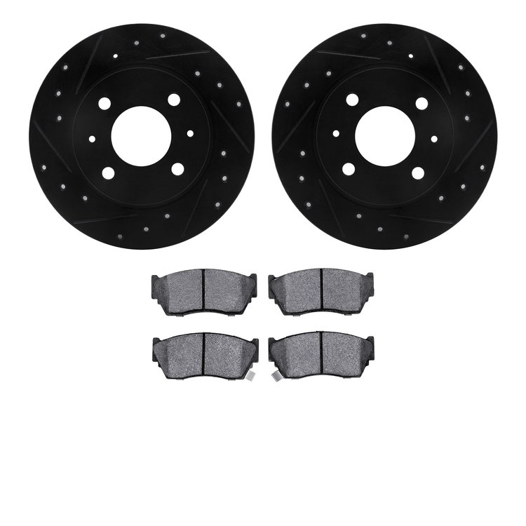 8502-67085 Drilled/Slotted Brake Rotors w/5000 Advanced Brake Pads Kit [Black], 1995-2006 Infiniti/Nissan, Position: Front