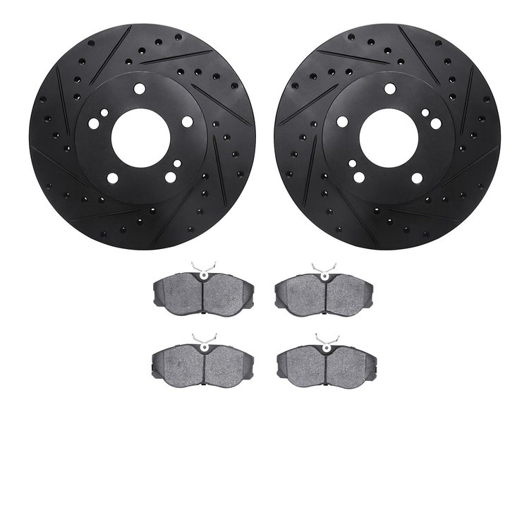 8502-67100 Drilled/Slotted Brake Rotors w/5000 Advanced Brake Pads Kit [Black], 1987-1989 Infiniti/Nissan, Position: Front