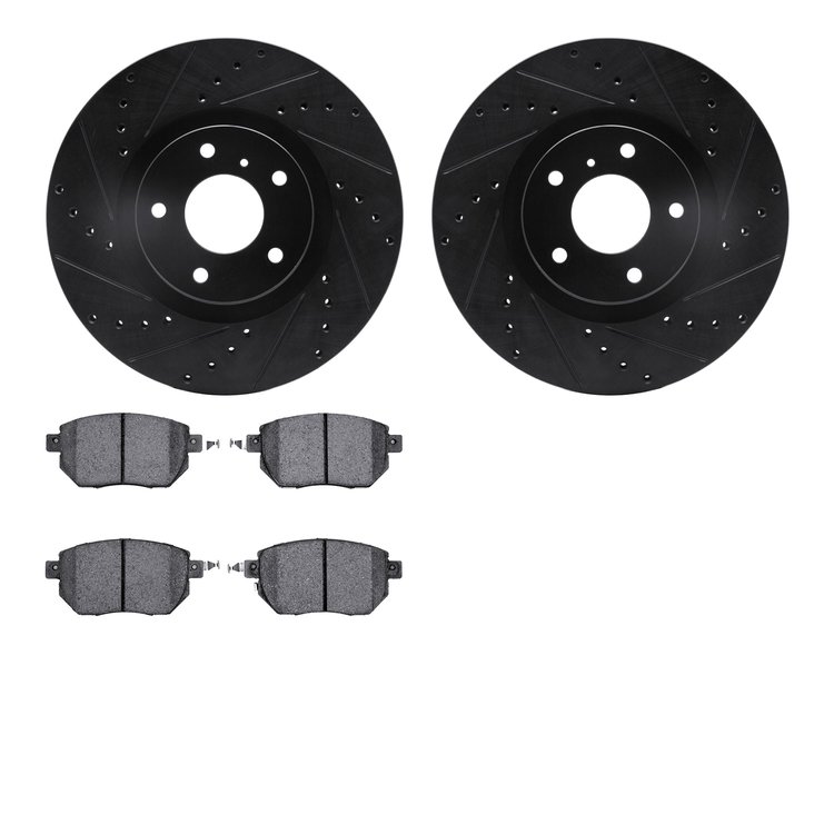 8502-67105 Drilled/Slotted Brake Rotors w/5000 Advanced Brake Pads Kit [Black], 2003-2011 Infiniti/Nissan, Position: Front