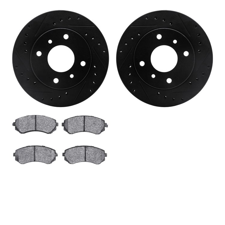 8502-67106 Drilled/Slotted Brake Rotors w/5000 Advanced Brake Pads Kit [Black], 1989-1996 Infiniti/Nissan, Position: Front
