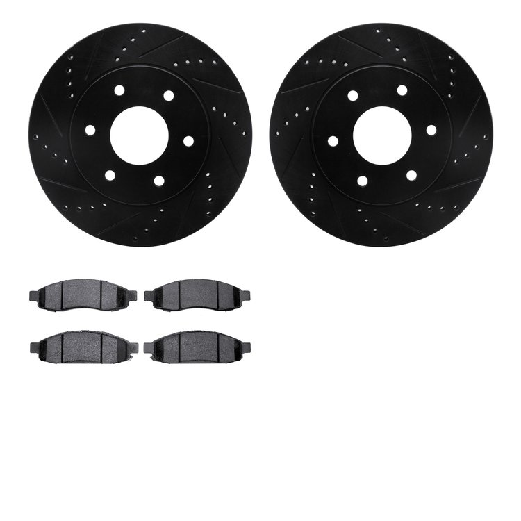 8502-67112 Drilled/Slotted Brake Rotors w/5000 Advanced Brake Pads Kit [Black], 2004-2005 Infiniti/Nissan, Position: Front
