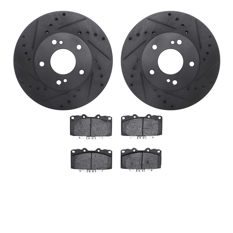 8502-67130 Drilled/Slotted Brake Rotors w/5000 Advanced Brake Pads Kit [Black], 1989-1990 Infiniti/Nissan, Position: Front