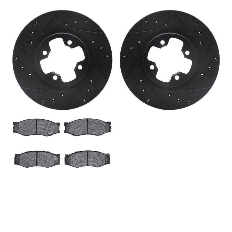 8502-67138 Drilled/Slotted Brake Rotors w/5000 Advanced Brake Pads Kit [Black], 1984-1984 Infiniti/Nissan, Position: Front