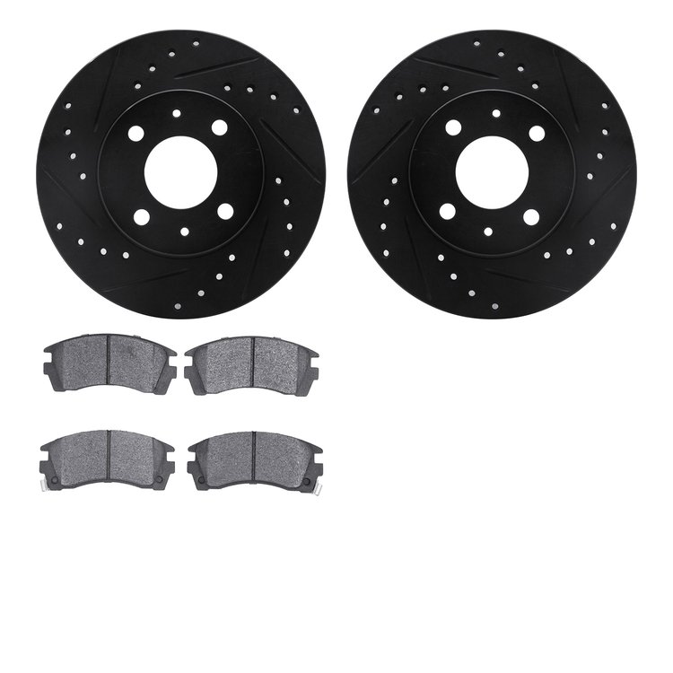 8502-67151 Drilled/Slotted Brake Rotors w/5000 Advanced Brake Pads Kit [Black], 1991-2006 Infiniti/Nissan, Position: Front