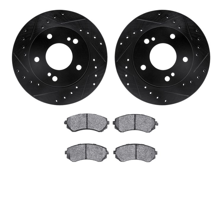 8502-67172 Drilled/Slotted Brake Rotors w/5000 Advanced Brake Pads Kit [Black], 1994-1996 Infiniti/Nissan, Position: Front