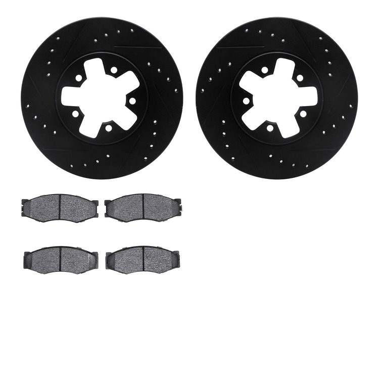 8502-67193 Drilled/Slotted Brake Rotors w/5000 Advanced Brake Pads Kit [Black], 1984-1989 Infiniti/Nissan, Position: Front