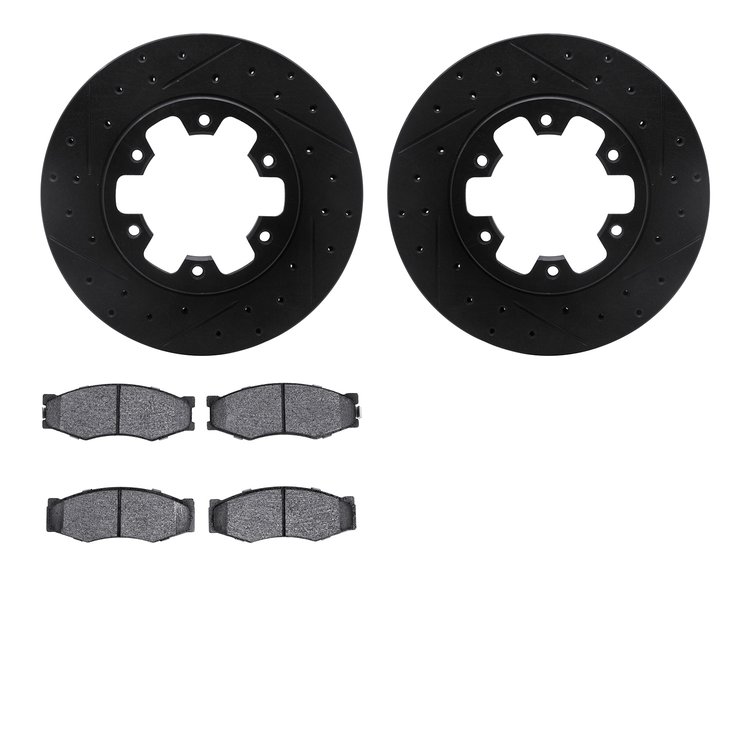 8502-67275 Drilled/Slotted Brake Rotors w/5000 Advanced Brake Pads Kit [Black], 1983-1985 Infiniti/Nissan, Position: Front