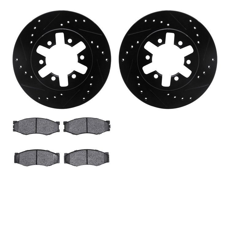 8502-67284 Drilled/Slotted Brake Rotors w/5000 Advanced Brake Pads Kit [Black], 1985-1997 Infiniti/Nissan, Position: Front