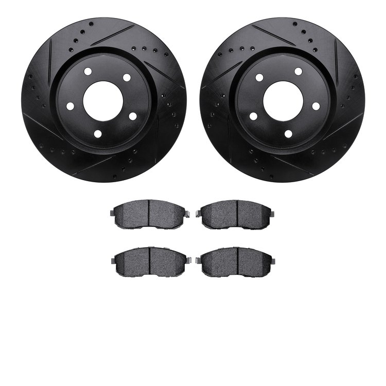 8502-67388 Drilled/Slotted Brake Rotors w/5000 Advanced Brake Pads Kit [Black], 2007-2012 Infiniti/Nissan, Position: Front