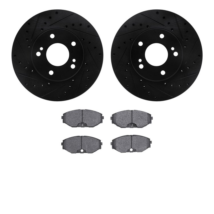 8502-68002 Drilled/Slotted Brake Rotors w/5000 Advanced Brake Pads Kit [Black], 1993-1997 Infiniti/Nissan, Position: Front